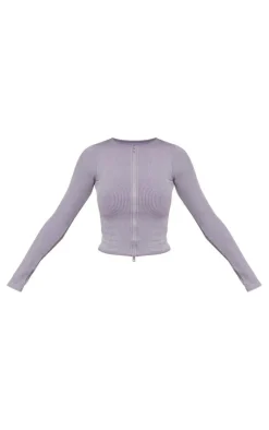 PrettyLittleThing Snatched*Acid Wash Snatched Rib Zip Up Long Top