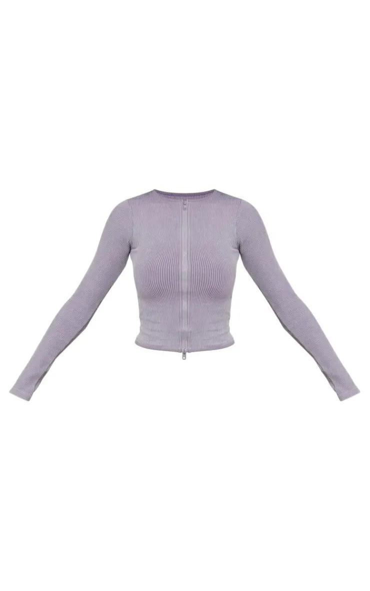 PrettyLittleThing Snatched*Acid Wash Snatched Rib Zip Up Long Top