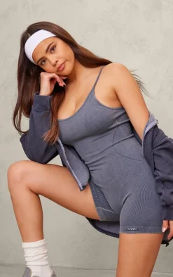 PrettyLittleThing Seamless Gym Wear*Charcoal Blue Acid Wash Seamless Gym Unitard