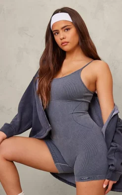 PrettyLittleThing Seamless Gym Wear*Charcoal Blue Acid Wash Seamless Gym Unitard