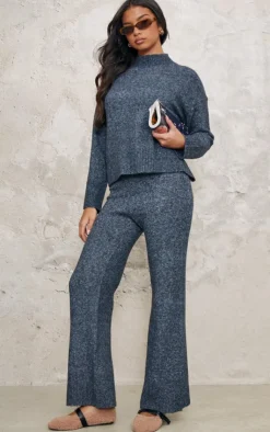 Discount PrettyLittleThing Luxe Knit Wide Leg Pants Charcoal Blue