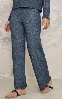 Discount PrettyLittleThing Luxe Knit Wide Leg Pants Charcoal Blue