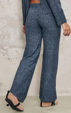 Discount PrettyLittleThing Luxe Knit Wide Leg Pants Charcoal Blue