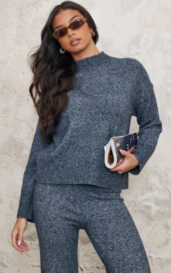 Discount PrettyLittleThing Luxe Knit Wide Leg Pants Charcoal Blue