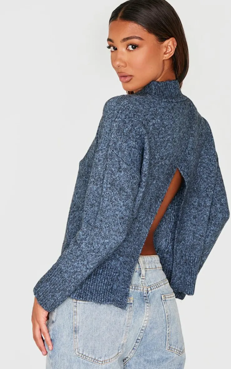 Hot PrettyLittleThing Luxe Knit High Neck Open Back Sweater Charcoal Blue