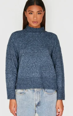 Hot PrettyLittleThing Luxe Knit High Neck Open Back Sweater Charcoal Blue
