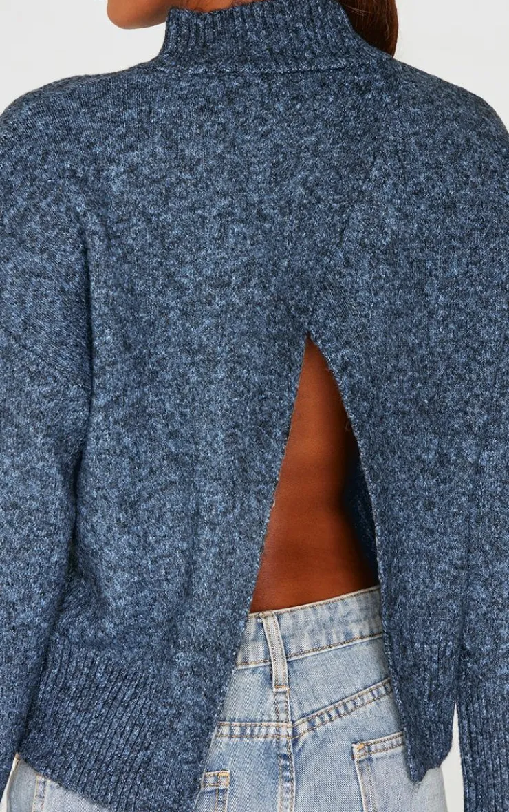 Hot PrettyLittleThing Luxe Knit High Neck Open Back Sweater Charcoal Blue