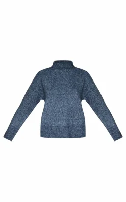 Hot PrettyLittleThing Luxe Knit High Neck Open Back Sweater Charcoal Blue