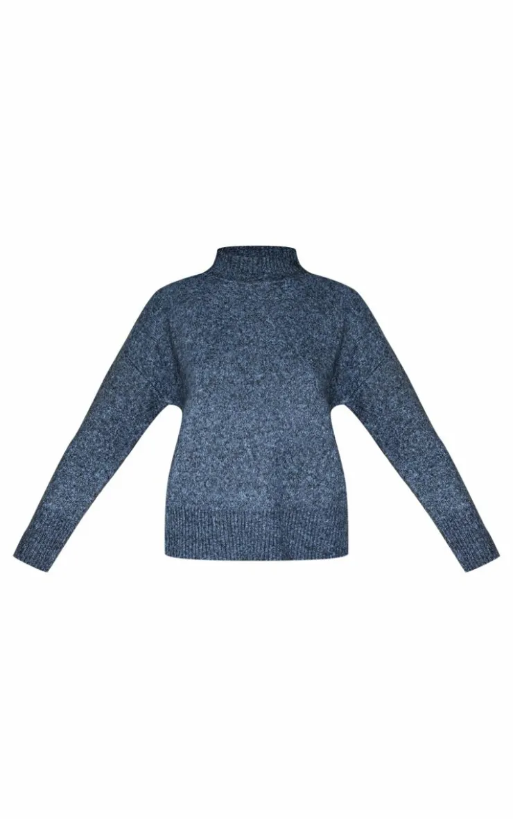 Hot PrettyLittleThing Luxe Knit High Neck Open Back Sweater Charcoal Blue