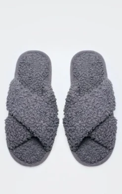PrettyLittleThing Christmas Gifts*Charcoal Borg Cross Over Slippers