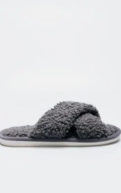 PrettyLittleThing Christmas Gifts*Charcoal Borg Cross Over Slippers