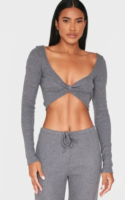 Clearance PrettyLittleThing Brushed Rib Twist Front Long Sleeve Bardot Top Charcoal