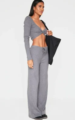Clearance PrettyLittleThing Brushed Rib Twist Front Long Sleeve Bardot Top Charcoal