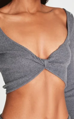 Clearance PrettyLittleThing Brushed Rib Twist Front Long Sleeve Bardot Top Charcoal