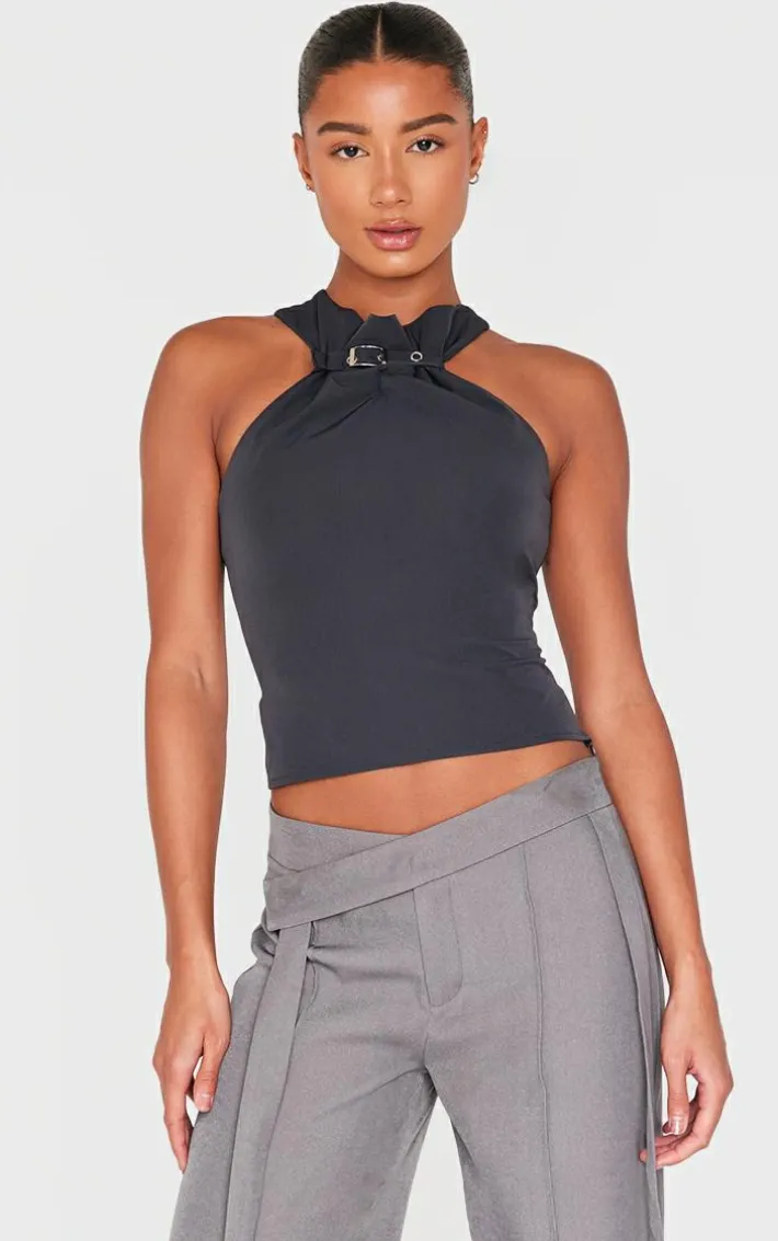 Charcoal Buckle Neck Detail Woven Long Top