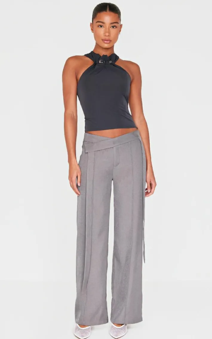 Charcoal Buckle Neck Detail Woven Long Top