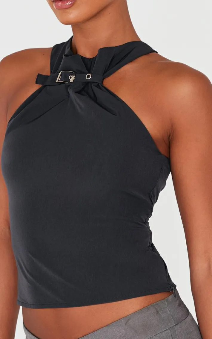 Charcoal Buckle Neck Detail Woven Long Top