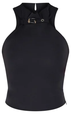 Charcoal Buckle Neck Detail Woven Long Top