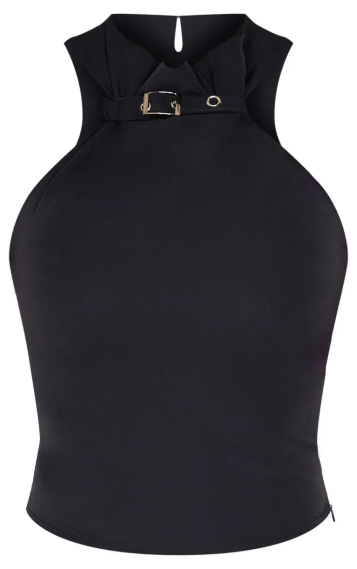 Charcoal Buckle Neck Detail Woven Long Top
