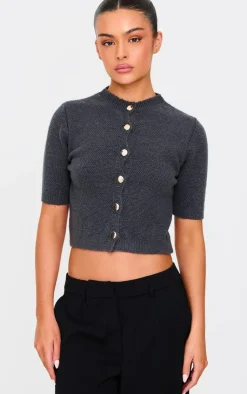 PrettyLittleThing Knitted Tops*Button Up Cap Sleeve Boucle Knit Cardigan
