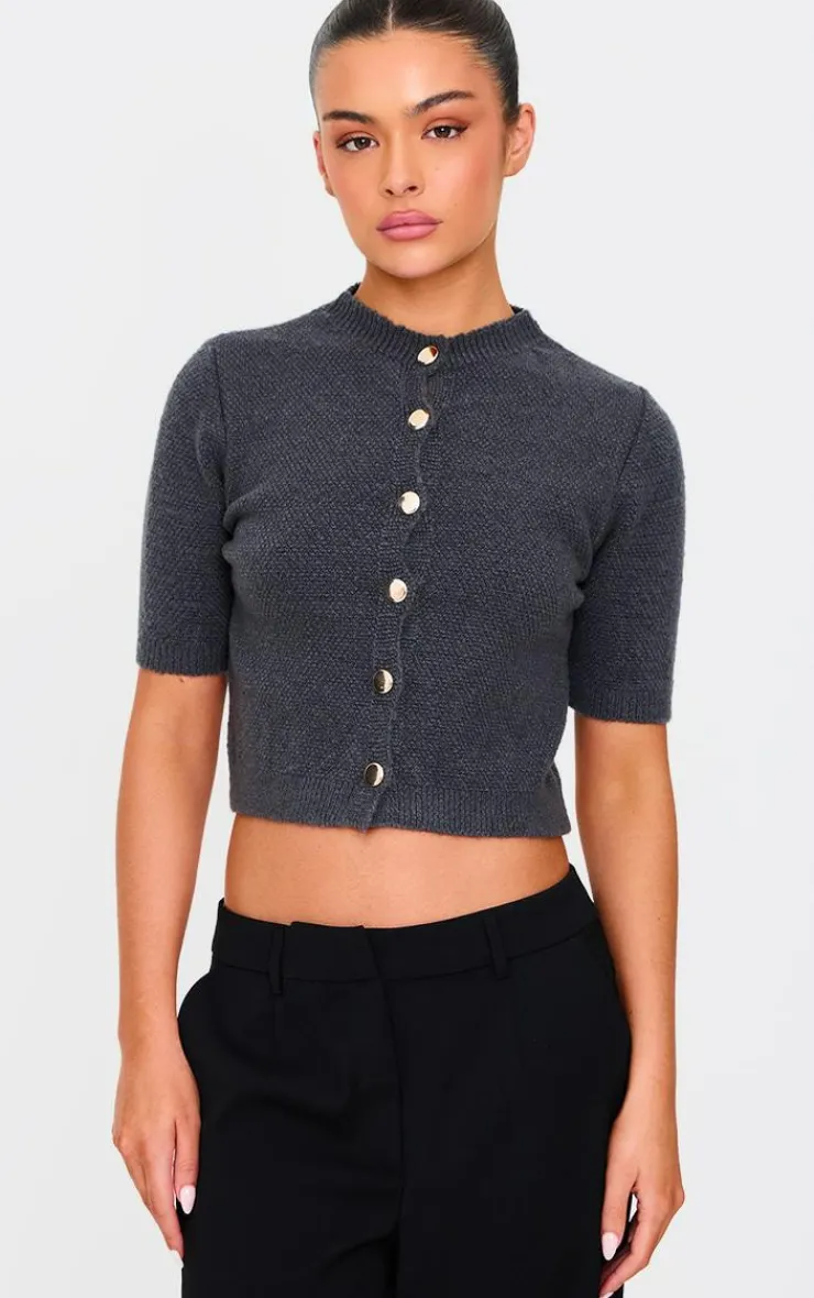 PrettyLittleThing Knitted Tops*Button Up Cap Sleeve Boucle Knit Cardigan