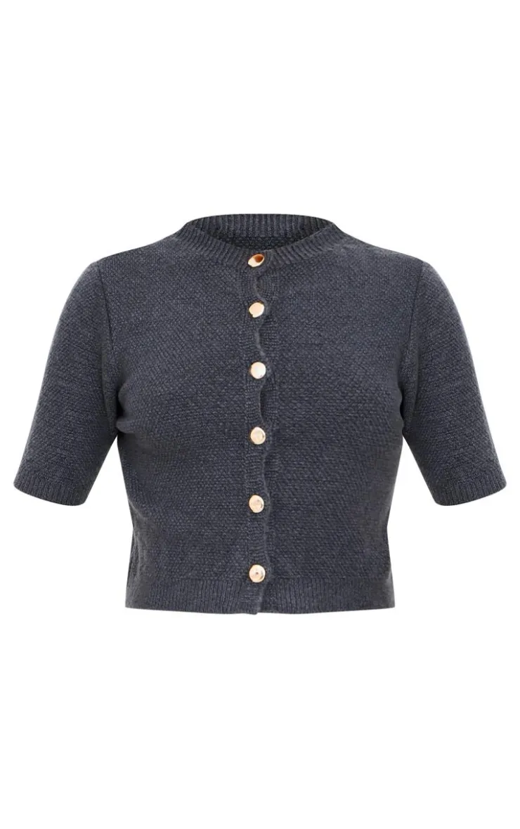 PrettyLittleThing Knitted Tops*Button Up Cap Sleeve Boucle Knit Cardigan