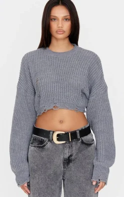 PrettyLittleThing Sweaters*Chunky Knit Distressed Hem Crop Sweater