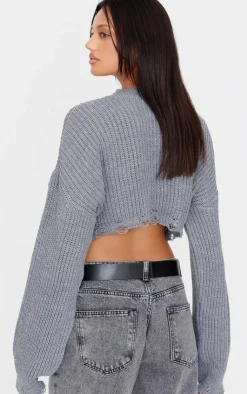 PrettyLittleThing Sweaters*Chunky Knit Distressed Hem Crop Sweater