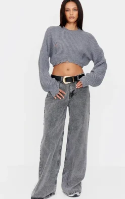 PrettyLittleThing Sweaters*Chunky Knit Distressed Hem Crop Sweater