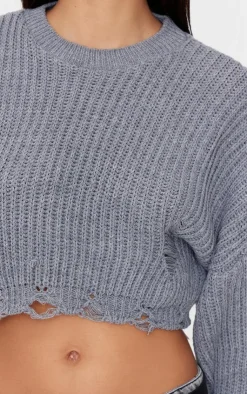 PrettyLittleThing Sweaters*Chunky Knit Distressed Hem Crop Sweater