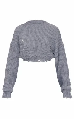 PrettyLittleThing Sweaters*Chunky Knit Distressed Hem Crop Sweater