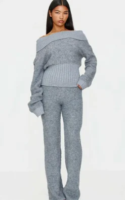 New PrettyLittleThing Contrast Textured Knit Pants Charcoal