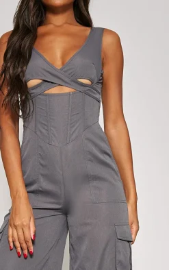Charcoal Cross Chest Corset Detail Lightweight Cargo Jumpsuit