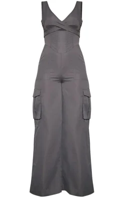 Charcoal Cross Chest Corset Detail Lightweight Cargo Jumpsuit