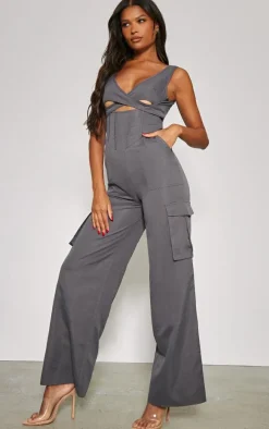Charcoal Cross Chest Corset Detail Lightweight Cargo Jumpsuit