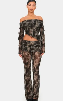 Charcoal Devore Mesh Foldover Slim Flare Pants