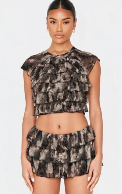 Hot PrettyLittleThing Devore Mesh Ruffle Bloomer Shorts Charcoal