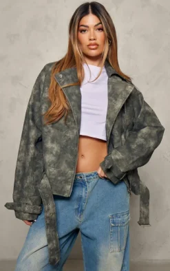 PrettyLittleThing Faux Leather Jackets*Distressed Faux Leather Oversized Biker Jacket
