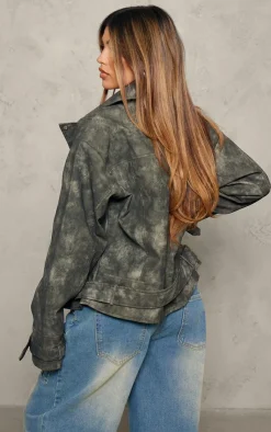 PrettyLittleThing Faux Leather Jackets*Distressed Faux Leather Oversized Biker Jacket