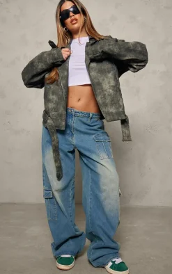 PrettyLittleThing Faux Leather Jackets*Distressed Faux Leather Oversized Biker Jacket