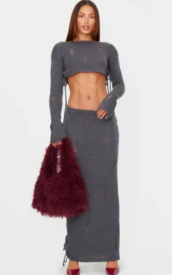 Online PrettyLittleThing Distressed Knit Side Lace Up Maxi Skirt Charcoal
