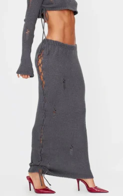 Online PrettyLittleThing Distressed Knit Side Lace Up Maxi Skirt Charcoal