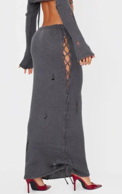 Online PrettyLittleThing Distressed Knit Side Lace Up Maxi Skirt Charcoal