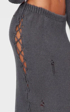 Online PrettyLittleThing Distressed Knit Side Lace Up Maxi Skirt Charcoal