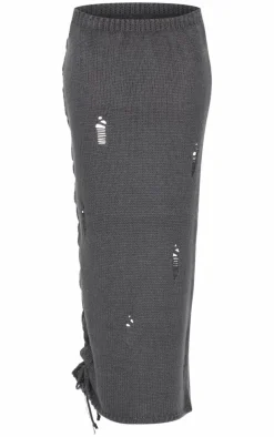Online PrettyLittleThing Distressed Knit Side Lace Up Maxi Skirt Charcoal