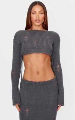 Sale PrettyLittleThing Distressed Knit Lace Up Flared Sleeve Cropped Sweater Charcoal