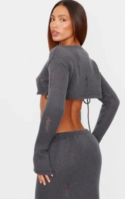 Sale PrettyLittleThing Distressed Knit Lace Up Flared Sleeve Cropped Sweater Charcoal