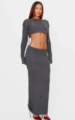Sale PrettyLittleThing Distressed Knit Lace Up Flared Sleeve Cropped Sweater Charcoal