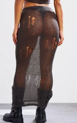 Clearance PrettyLittleThing Distressed Open Knit Midi Skirt Charcoal