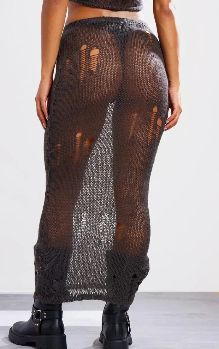 Clearance PrettyLittleThing Distressed Open Knit Midi Skirt Charcoal